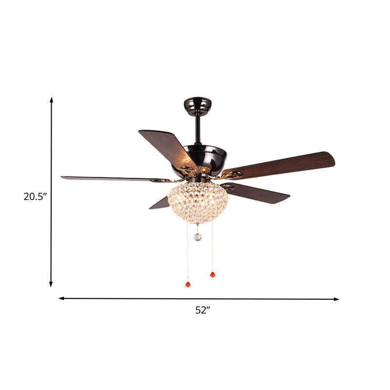 5 Blades Crystal Dome Semi Flushmount Vintage Dining Room LED Ceiling Fan Light in Dark Brown with Pull Chain, 52