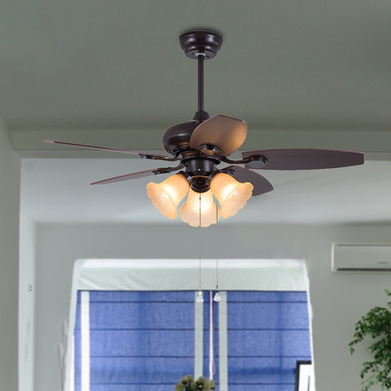 Dark Coffee 3 Heads Hanging Fan Light Traditional Frosted Glass Flower 5 Blades Semi Flush Lamp with Pull Chain/Remote Control, 42