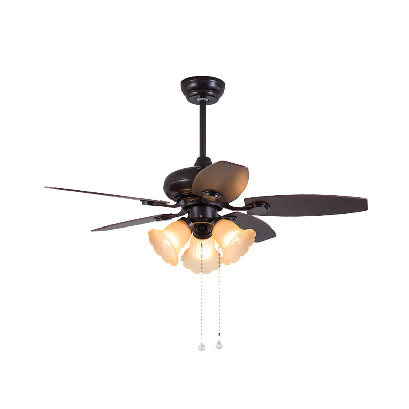 Dark Coffee 3 Heads Hanging Fan Light Traditional Frosted Glass Flower 5 Blades Semi Flush Lamp with Pull Chain/Remote Control, 42