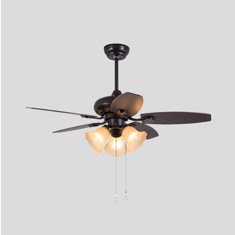 Dark Coffee 3 Heads Hanging Fan Light Traditional Frosted Glass Flower 5 Blades Semi Flush Lamp with Pull Chain/Remote Control, 42