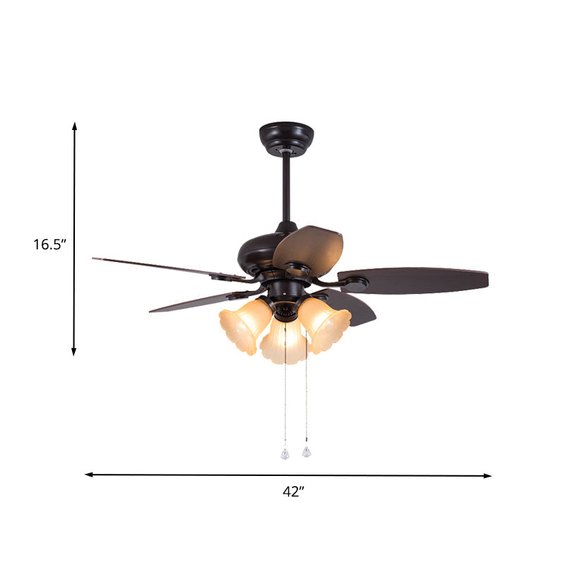 Dark Coffee 3 Heads Hanging Fan Light Traditional Frosted Glass Flower 5 Blades Semi Flush Lamp with Pull Chain/Remote Control, 42