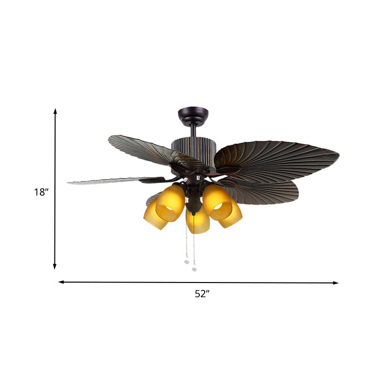 Yellow Glass Oval Semi Flush Lighting Traditional 5 Bulbs Living Room Ceiling Fan Lamp in Dark Brown with 5 Cattail Leaf Vanes, 52