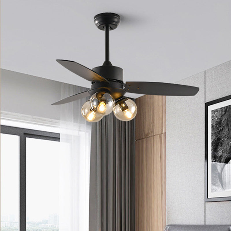 3 Heads Ball Semi Flush Lighting Industrial White/Black Clear Glass 3 Blades Hanging Fan Lamp for Restaurant, 42