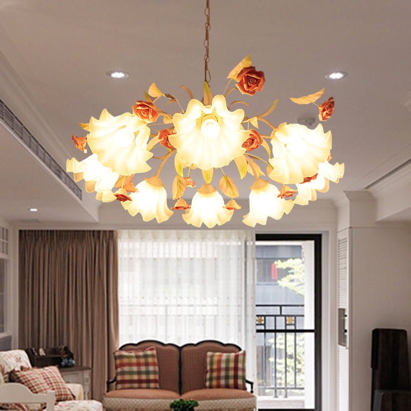 White Glass Scalloped Chandelier Lamp Korean Flower 9 Bulbs Living Room Ceiling Hang Fixture White Clearhalo 'Ceiling Lights' 'Chandeliers' 'Glass shade' 'Glass' Lighting' 407128