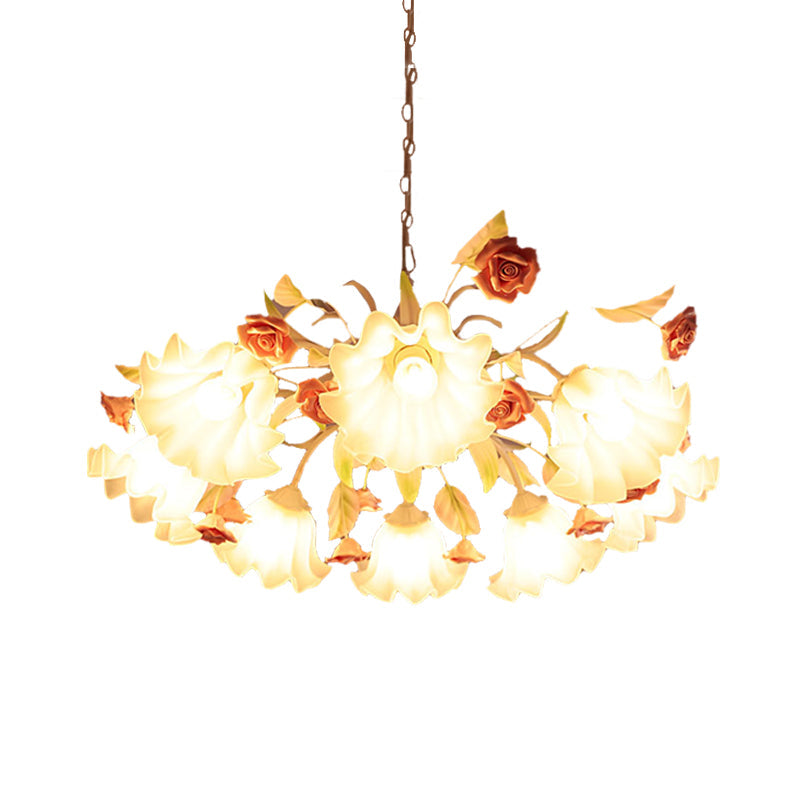 White Glass Scalloped Chandelier Lamp Korean Flower 9 Bulbs Living Room Ceiling Hang Fixture Clearhalo 'Ceiling Lights' 'Chandeliers' 'Glass shade' 'Glass' Lighting' 407130