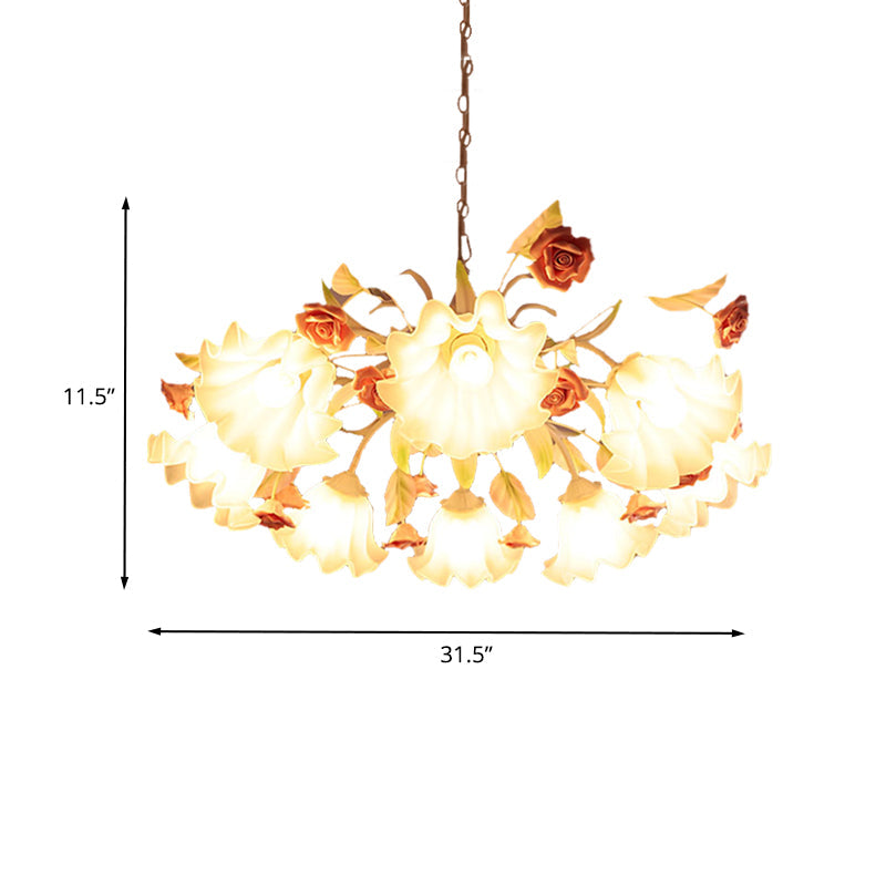 White Glass Scalloped Chandelier Lamp Korean Flower 9 Bulbs Living Room Ceiling Hang Fixture Clearhalo 'Ceiling Lights' 'Chandeliers' 'Glass shade' 'Glass' Lighting' 407132