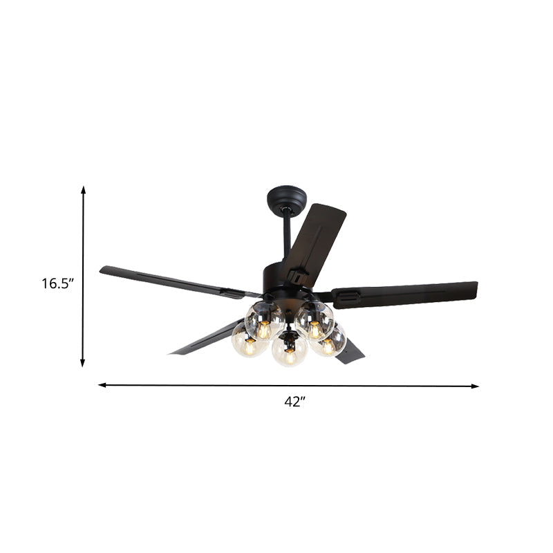 5 Lights Pendant Fan Lighting Vintage Living Room 5 Blades Semi Flush Lamp with Globe Clear Glass Shade in Black, 42