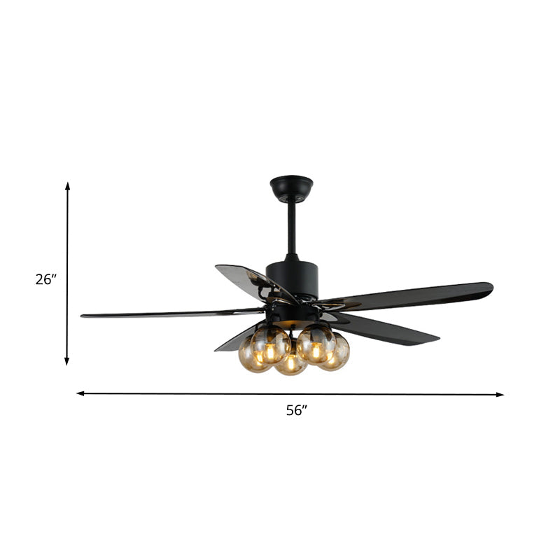 Black 5 Bulbs Ceiling Fan Light Antiqued Clear Glass Global Semi Flush Mounted Lamp with 5 Blades, 56