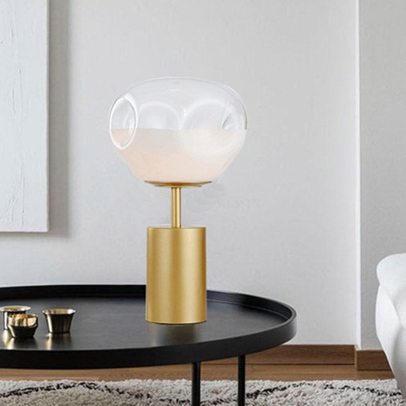 Gold Geometric Night Table Light Modernism 1 Light Metal Nightstand Lamp with Cream Dimple Glass Shade Gold Clearhalo 'Lamps' 'Table Lamps' Lighting' 410205