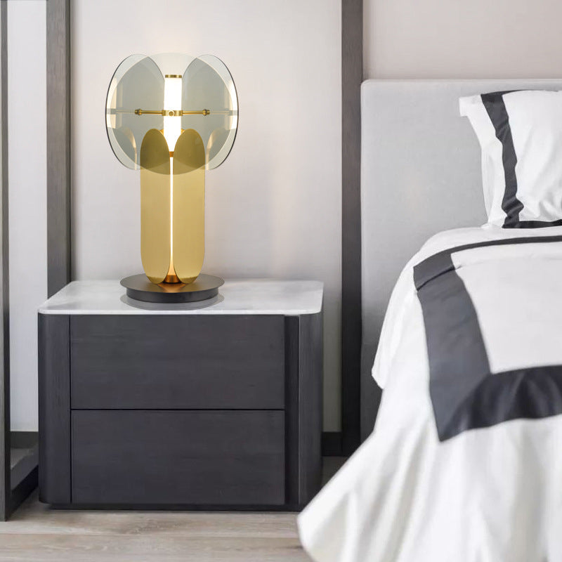 Circular Metal Nightstand Lamp Post-Modern Smoke Gray Glass 1 Light Living Room Table Light in Gold Clearhalo 'Lamps' 'Table Lamps' Lighting' 410298