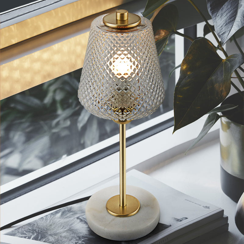 Modern 1-Bulb Table Lamp Gold Conical Nightstand Lighting with Clear Prismatic Glass Shade, 5.5