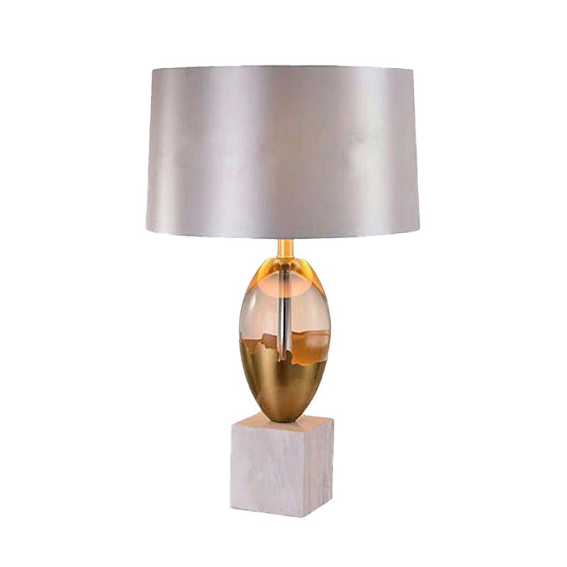 Fabric Drum Desk Light Modern 1 Head Grey Night Table Lamp with White Square Marble Base Clearhalo 'Lamps' 'Table Lamps' Lighting' 410887