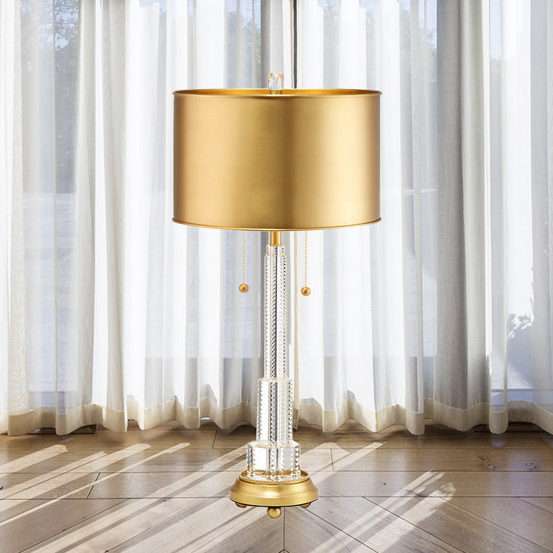 Cylinder Metal Task Lighting Modernist 2 Bulbs Gold Reading Lamp with On/Off Pull Chain Clearhalo 'Lamps' 'Table Lamps' Lighting' 411309