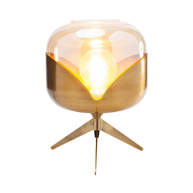 Gold Oval Nightstand Lamp Luxurious 1-Bulb Metal Night Lighting with Amber Glass Shade Clearhalo 'Lamps' 'Table Lamps' Lighting' 411421