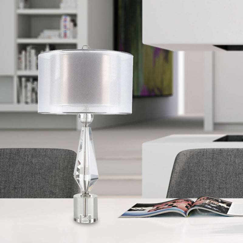 Fabric Cylinder Desk Light Modernist 1 Bulb White Night Table Lamp with Clear Crystal Base White Clearhalo 'Lamps' 'Table Lamps' Lighting' 412676