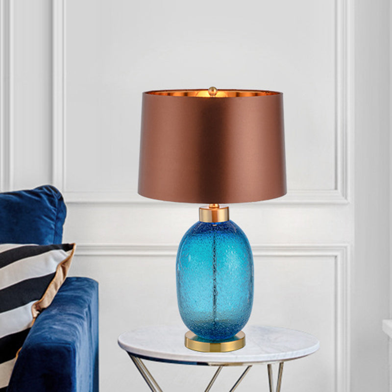 Tapered Drum Task Light Modernism Fabric 1 Head Reading Lamp in Brown with Oval Blue Glazed Crystal Base Clearhalo 'Lamps' 'Table Lamps' Lighting' 413181