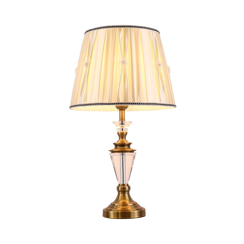 Modernist 1 Head Desk Light Beige Tapered Drum Night Table Lamp with Fabric Shade Clearhalo 'Lamps' 'Table Lamps' Lighting' 415362