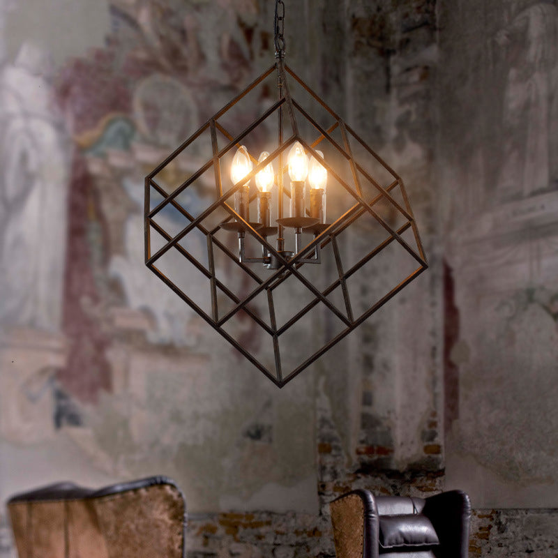 Metal Wire Square Chandelier Light Industrial 4 Lights Black Hanging Ceiling Light for Restaurant Black Clearhalo 'Cast Iron' 'Ceiling Lights' 'Chandeliers' 'Industrial Chandeliers' 'Industrial' 'Metal' 'Middle Century Chandeliers' 'Rustic Chandeliers' 'Tiffany' Lighting' 415914