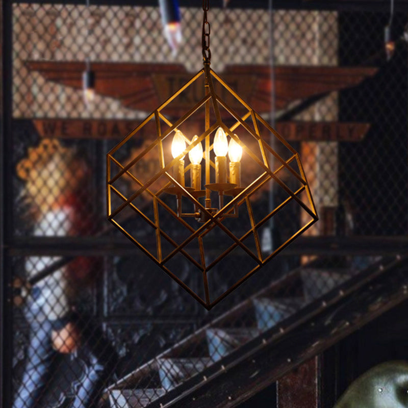 Metal Wire Square Chandelier Light Industrial 4 Lights Black Hanging Ceiling Light for Restaurant Clearhalo 'Cast Iron' 'Ceiling Lights' 'Chandeliers' 'Industrial Chandeliers' 'Industrial' 'Metal' 'Middle Century Chandeliers' 'Rustic Chandeliers' 'Tiffany' Lighting' 415915