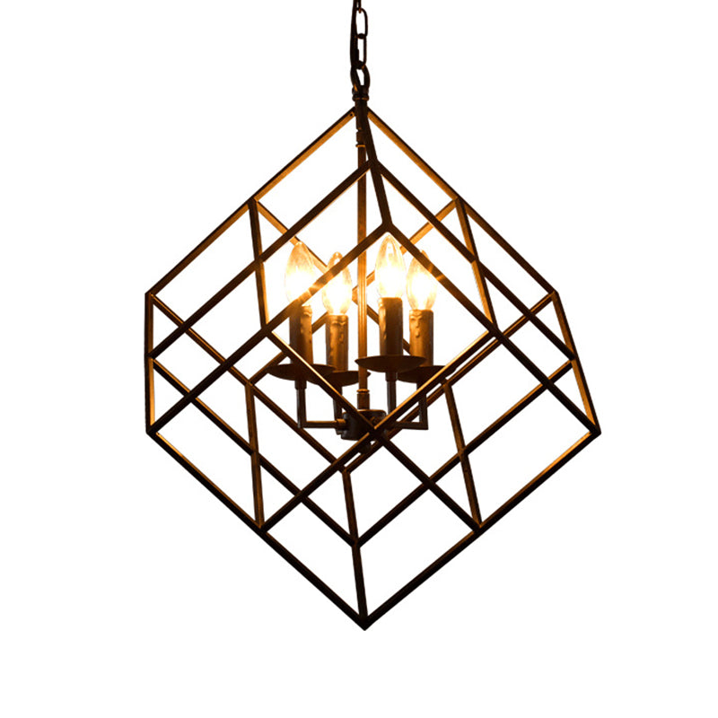 Metal Wire Square Chandelier Light Industrial 4 Lights Black Hanging Ceiling Light for Restaurant Clearhalo 'Cast Iron' 'Ceiling Lights' 'Chandeliers' 'Industrial Chandeliers' 'Industrial' 'Metal' 'Middle Century Chandeliers' 'Rustic Chandeliers' 'Tiffany' Lighting' 415916