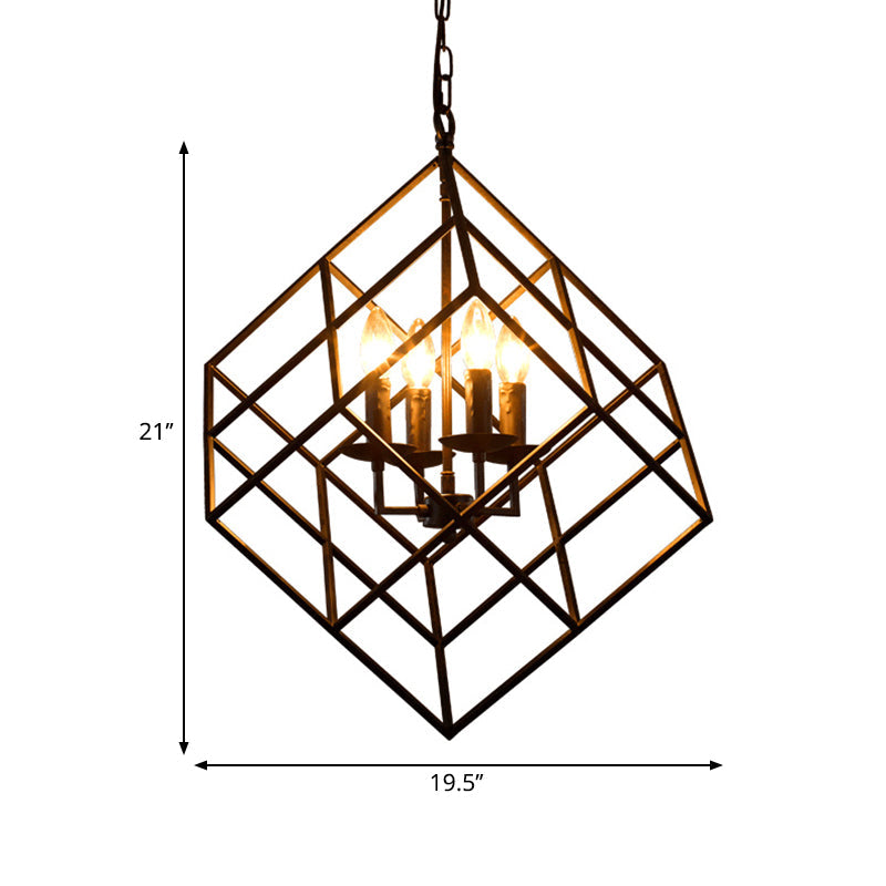 Metal Wire Square Chandelier Light Industrial 4 Lights Black Hanging Ceiling Light for Restaurant Clearhalo 'Cast Iron' 'Ceiling Lights' 'Chandeliers' 'Industrial Chandeliers' 'Industrial' 'Metal' 'Middle Century Chandeliers' 'Rustic Chandeliers' 'Tiffany' Lighting' 415917