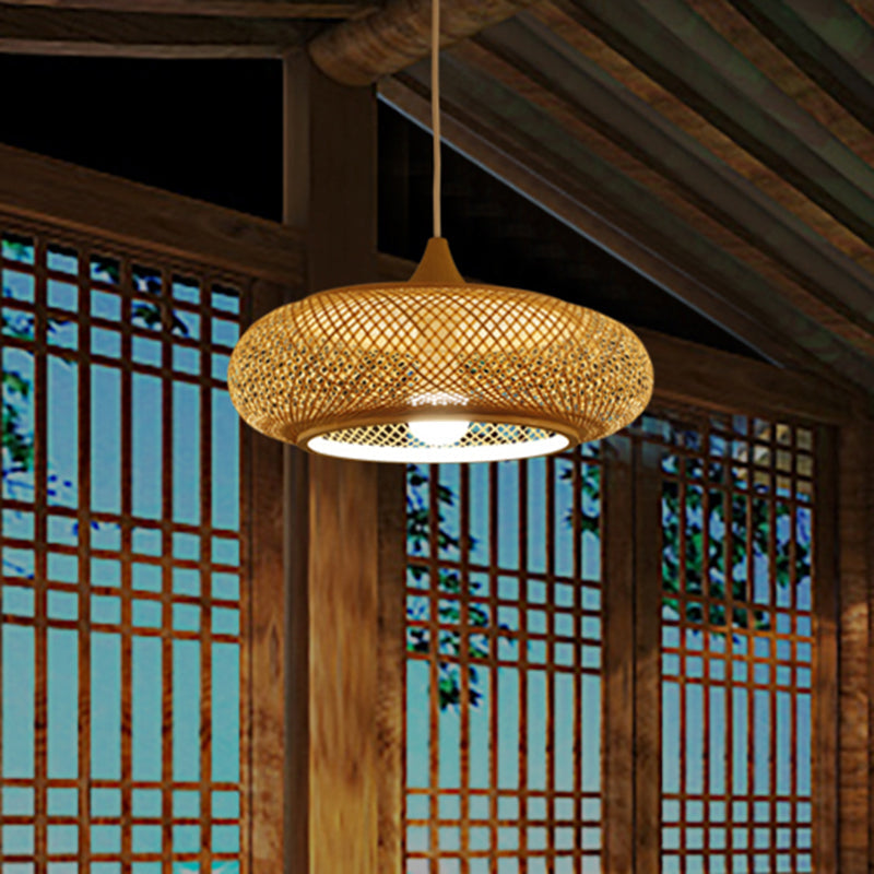 Modernism 1 Bulb Pendant Lighting Wood Donut/Hat Hanging Light Fixture with Bamboo Shade Clearhalo 'Ceiling Lights' 'Modern Pendants' 'Modern' 'Pendant Lights' 'Pendants' Lighting' 415951