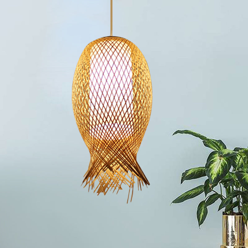 Barrel Suspension Pendant Retro Bamboo 1 Bulb Wood Hanging Light Kit with Inner Cylindrical White Shade Clearhalo 'Ceiling Lights' 'Pendant Lights' 'Pendants' Lighting' 415970