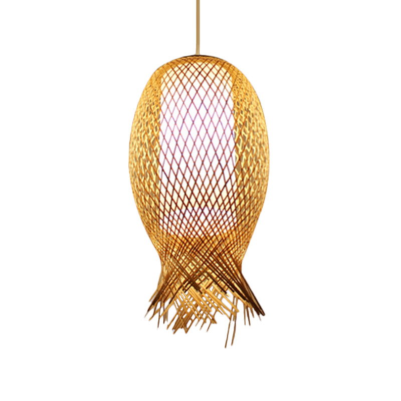 Barrel Suspension Pendant Retro Bamboo 1 Bulb Wood Hanging Light Kit with Inner Cylindrical White Shade Clearhalo 'Ceiling Lights' 'Pendant Lights' 'Pendants' Lighting' 415973