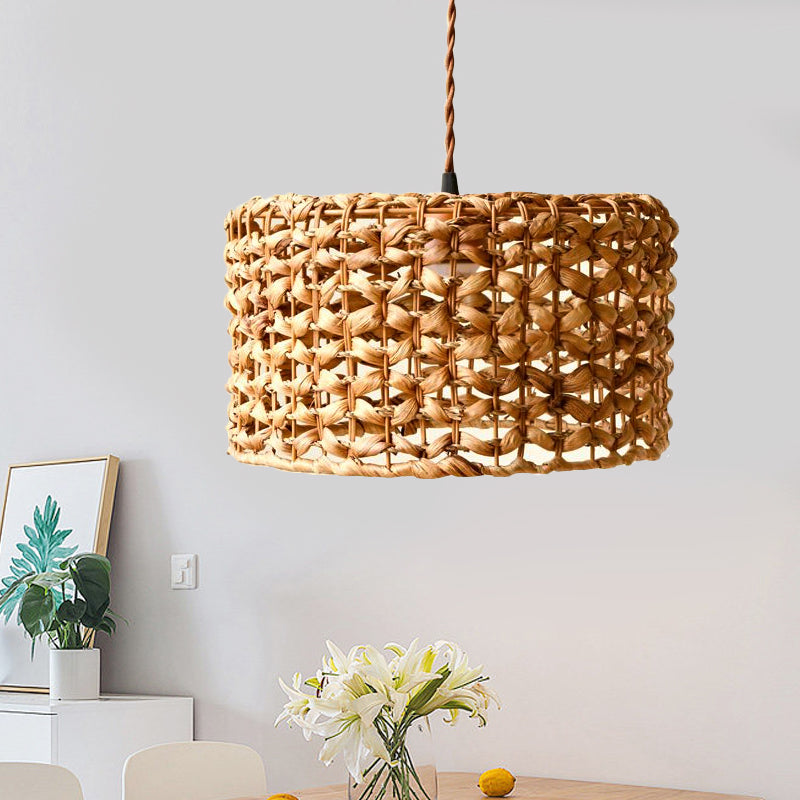 Brown Drum Pendant Lighting Traditionary Rattan 1 Bulb Hanging Lamp Kit for Dining Room Clearhalo 'Ceiling Lights' 'Modern Pendants' 'Modern' 'Pendant Lights' 'Pendants' Lighting' 415977