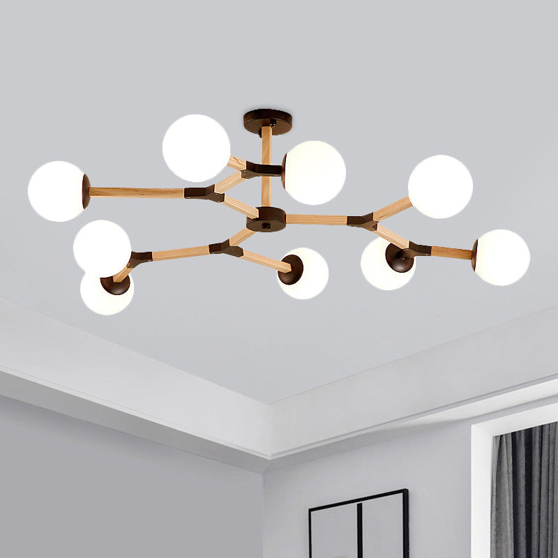 White/Black/Gold Branch Chandelier Lighting Contemporary 3/6/9 Lights Wood Hanging Ceiling Lamp with White Glass Global Shade Clearhalo 'Ceiling Lights' 'Chandeliers' 'Close To Ceiling Lights' 'Glass shade' 'Glass' 'Modern Chandeliers' 'Modern' Lighting' 416006
