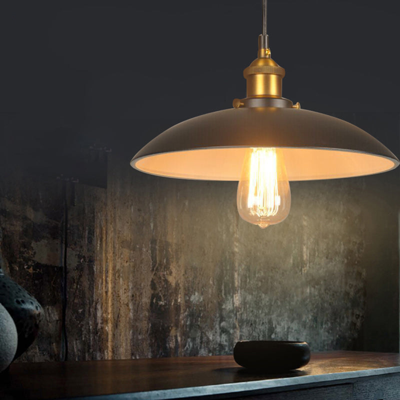 Bowl Shade Restaurant Ceiling Pendant Vintage Style Iron 1 Light Black Pendant Lighting, 12