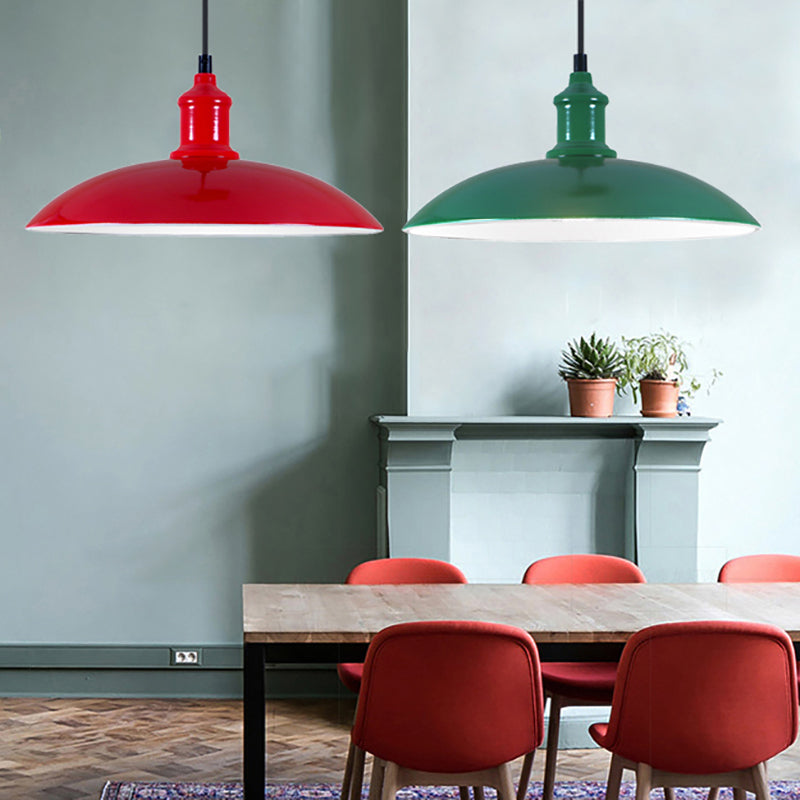 Green/Red Bowl Hanging Lamp Industrial Metal 1 Light Living Room Ceiling Pendant Light, 12.5