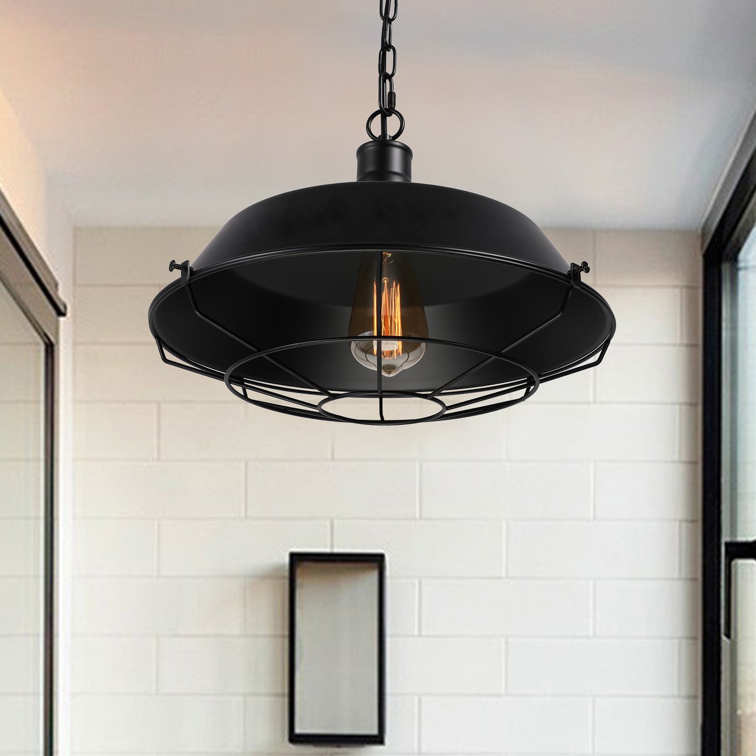 Farmhouse Stylish Barn Ceiling Light Fixture with Cage Shade 1 Bulb Metallic Pendant Lamp in Black, 10