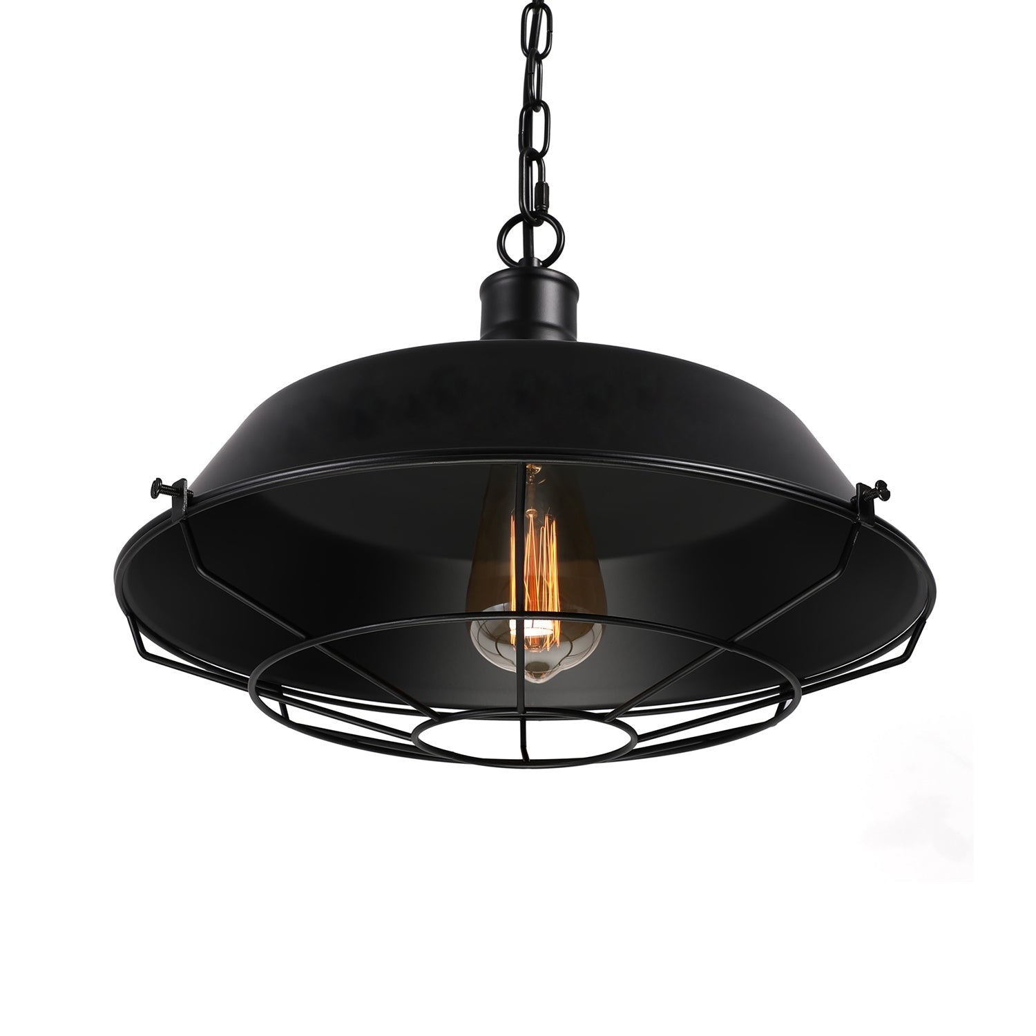 Farmhouse Stylish Barn Ceiling Light Fixture with Cage Shade 1 Bulb Metallic Pendant Lamp in Black, 10