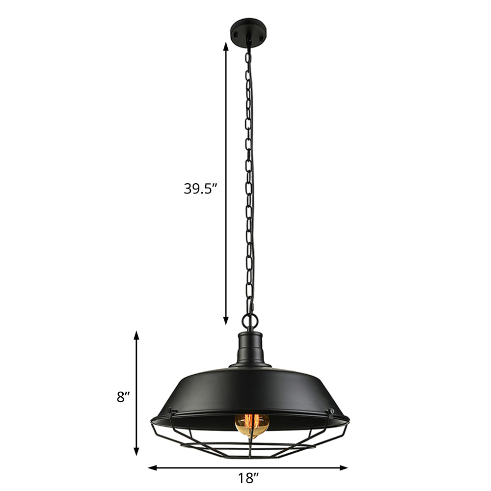 Farmhouse Stylish Barn Ceiling Light Fixture with Cage Shade 1 Bulb Metallic Pendant Lamp in Black, 10