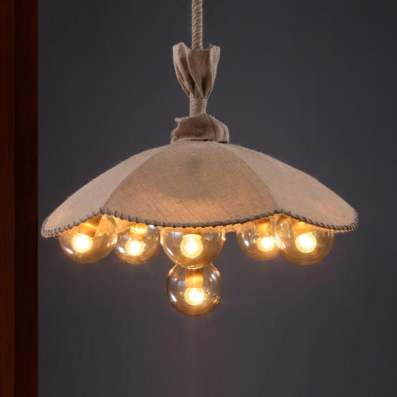 Beige Fabric Scalloped Pendant Light Lodge 6 Heads Living Room Chandelier Lighting with Inner Glass Ball Shade Clearhalo 'Ceiling Lights' 'Chandeliers' 'Industrial Chandeliers' 'Industrial' 'Middle Century Chandeliers' 'Tiffany' Lighting' 438753