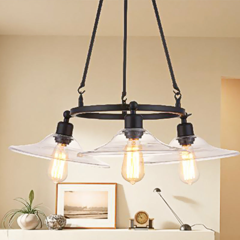 Black 3 Lights Chandelier Light Fixture Antique Clear Glass Cone Pendant Lamp for Living Room Clearhalo 'Ceiling Lights' 'Chandeliers' 'Glass shade' 'Glass' 'Industrial Chandeliers' 'Industrial' 'Middle Century Chandeliers' 'Pendant Lights' 'Tiffany' Lighting' 438768