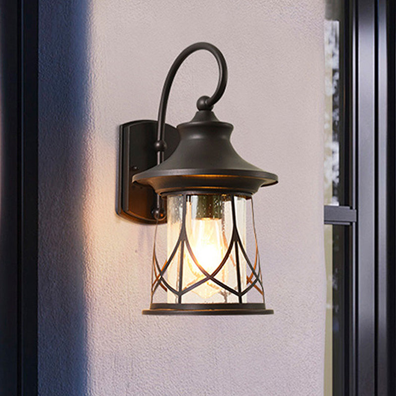 One Bulb Wall Light with Lantern Shade Seeded Glass Industrial Porch Sconce Lighting Fixture Clearhalo 'Art deco wall lights' 'Cast Iron' 'Glass' 'Industrial wall lights' 'Industrial' 'Middle century wall lights' 'Modern' 'Rustic wall lights' 'Tiffany' 'Traditional wall lights' 'Wall Lamps & Sconces' 'Wall Lights' Lighting' 438834