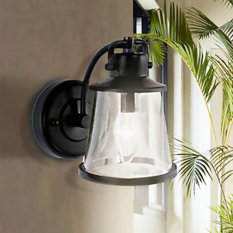 Clear Glass Black Sconce Light Cone 1-Light Vintage Wall Lamp Fixture with Curved Arm Clearhalo 'Art deco wall lights' 'Cast Iron' 'Glass' 'Industrial wall lights' 'Industrial' 'Middle century wall lights' 'Modern' 'Rustic wall lights' 'Tiffany' 'Traditional wall lights' 'Wall Lamps & Sconces' 'Wall Lights' Lighting' 438839