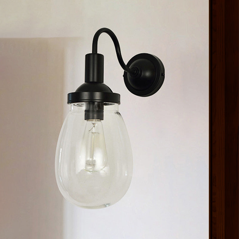 Gooseneck Clear Glass Wall Hanging Light Farmhouse Single Bulb Bedroom Sconce Lamp in Black Clearhalo 'Art deco wall lights' 'Cast Iron' 'Glass' 'Industrial wall lights' 'Industrial' 'Middle century wall lights' 'Modern' 'Rustic wall lights' 'Tiffany' 'Traditional wall lights' 'Wall Lamps & Sconces' 'Wall Lights' Lighting' 438844