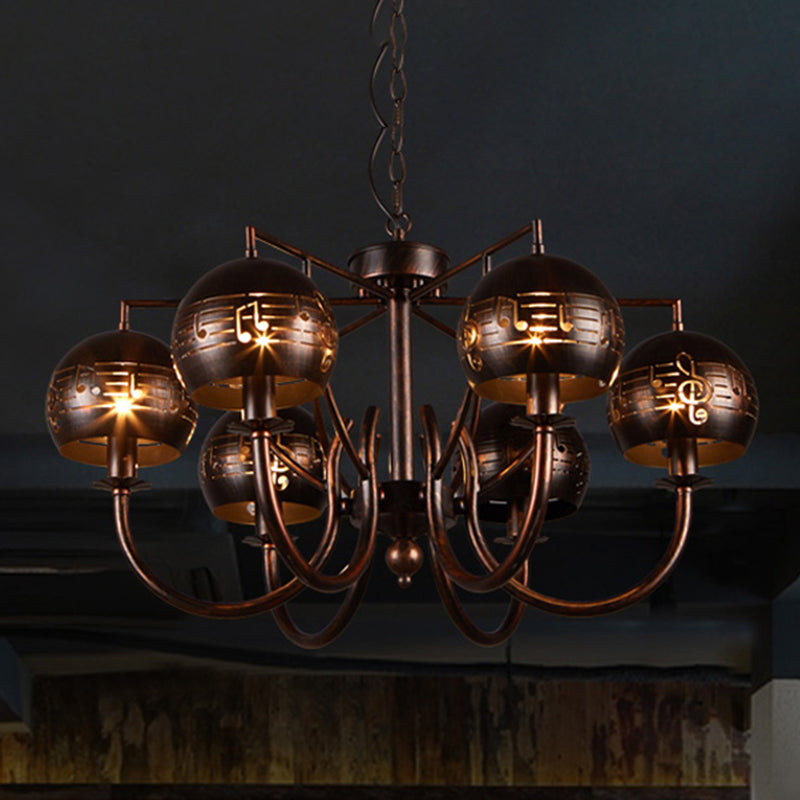 Retro Domed Shade Chandelier with Musical Note Metal 6-Light Rust Pendant Light for Restaurant Clearhalo 'Cast Iron' 'Ceiling Lights' 'Chandeliers' 'Industrial Chandeliers' 'Industrial' 'Metal' 'Middle Century Chandeliers' 'Rustic Chandeliers' 'Tiffany' Lighting' 438846