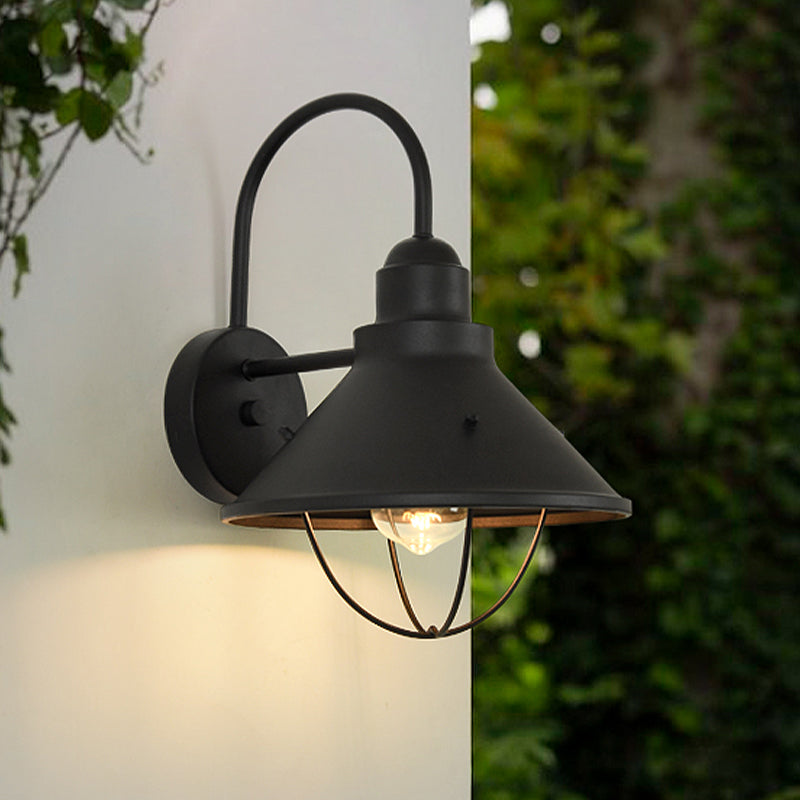 One Bulb Cone Shade Wall Light Industrial Black Metal Sconce Lighting Fixture with Cage Clearhalo 'Art deco wall lights' 'Cast Iron' 'Glass' 'Industrial wall lights' 'Industrial' 'Middle century wall lights' 'Modern' 'Rustic wall lights' 'Tiffany' 'Traditional wall lights' 'Wall Lamps & Sconces' 'Wall Lights' Lighting' 438870