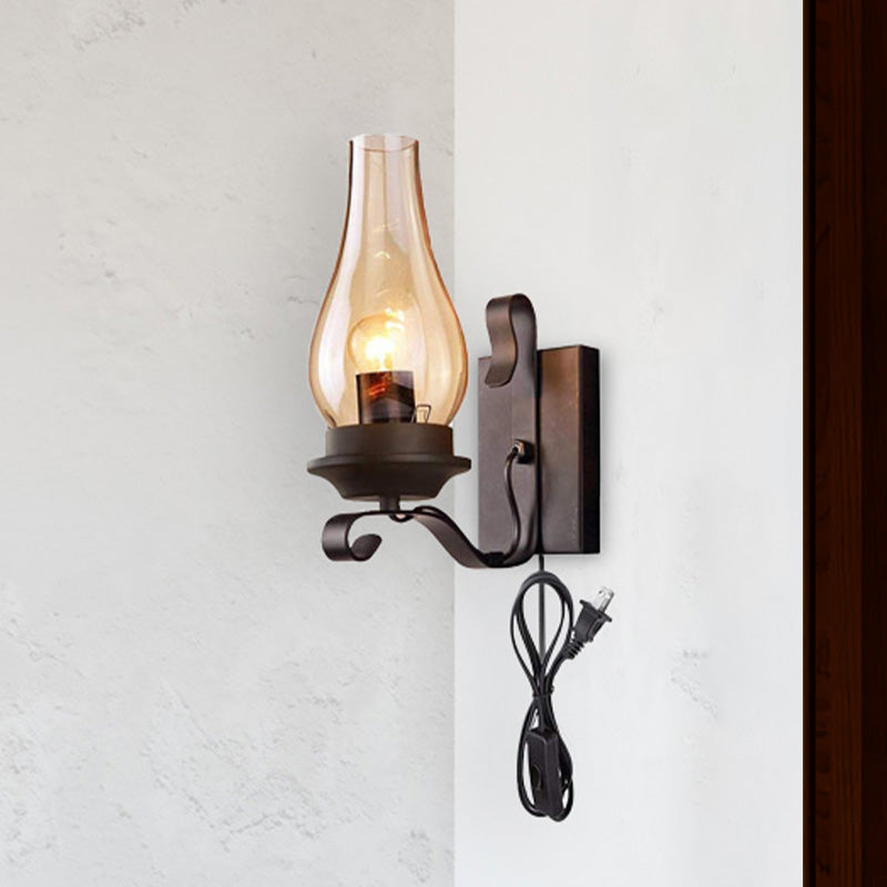 1 Light Candle Wall Sconce Vintage Industrial Black Cognac Glass Lighting in Black with Plug-in Cord Clearhalo 'Art deco wall lights' 'Cast Iron' 'Glass' 'Industrial wall lights' 'Industrial' 'Middle century wall lights' 'Modern' 'Rustic wall lights' 'Tiffany' 'Traditional wall lights' 'Wall Lamps & Sconces' 'Wall Lights' Lighting' 438895