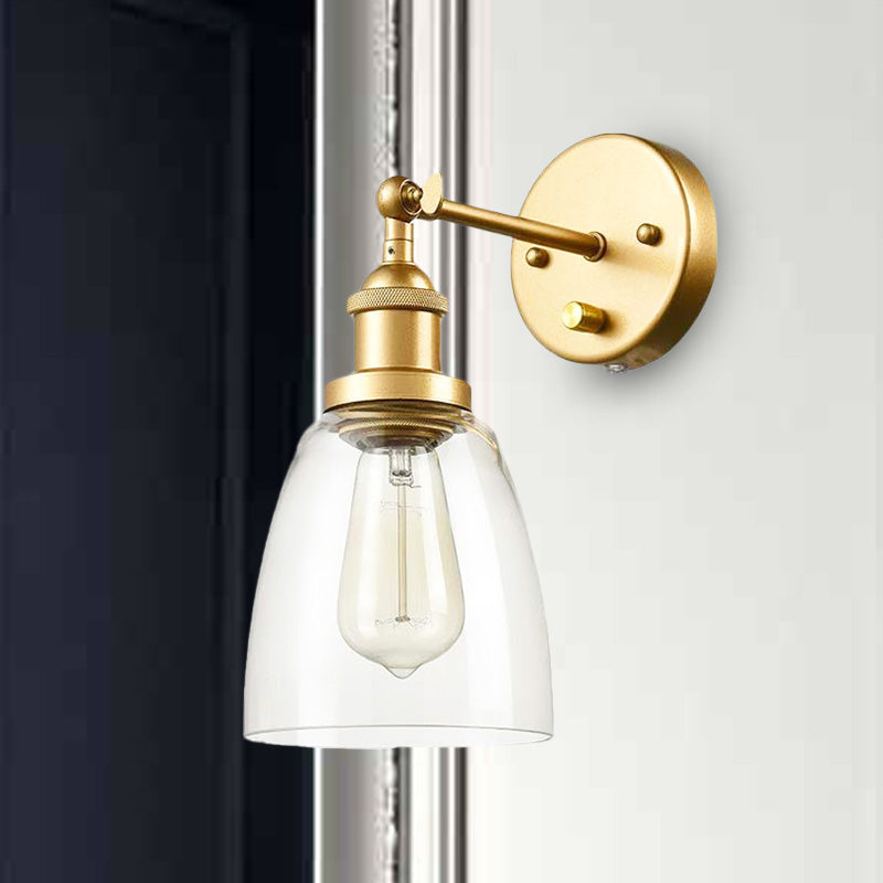 Clear Glass Brass Sconce Lighting Cone 1-Bulb Industrial Wall Lamp for Living Room Clearhalo 'Art deco wall lights' 'Cast Iron' 'Glass' 'Industrial wall lights' 'Industrial' 'Middle century wall lights' 'Modern' 'Rustic wall lights' 'Tiffany' 'Traditional wall lights' 'Wall Lamps & Sconces' 'Wall Lights' Lighting' 438898