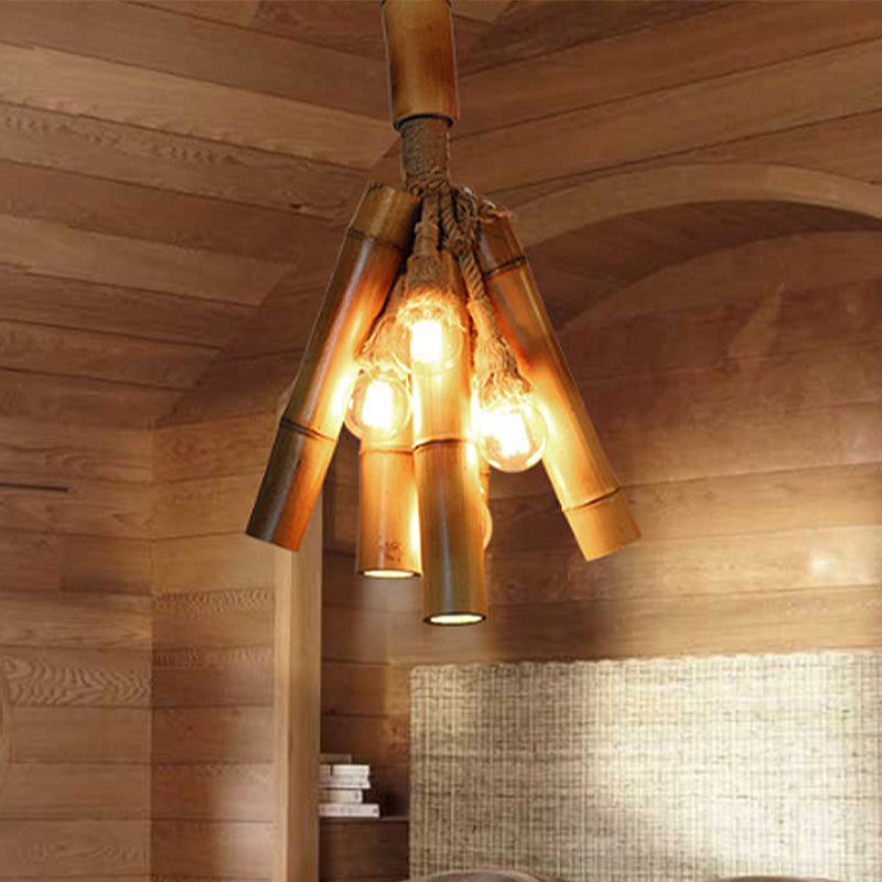 Wood Tube Hanging Lamp Three-light Industrial Chandeliers in Beige for Restaurant Bedroom Clearhalo 'Cast Iron' 'Ceiling Lights' 'Chandeliers' 'Industrial Chandeliers' 'Industrial' 'Metal' 'Middle Century Chandeliers' 'Rustic Chandeliers' 'Tiffany' Lighting' 438904