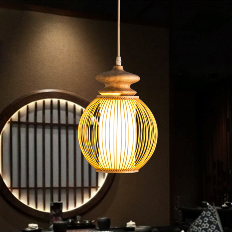 Bamboo Global Shade Hanging Lamp Asian Style 1 Light Ceiling Light Fixture with Wooden Cap in Beige, 9