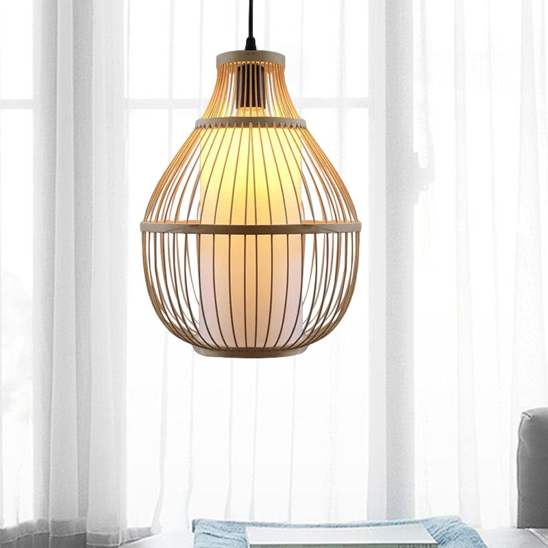 Teardrop Hanging Lamp Lodge Style Bamboo 1 Head Beige Pendant Lighting with Inner Cylinder Paper Shade Clearhalo 'Ceiling Lights' 'Modern Pendants' 'Modern' 'Pendant Lights' 'Pendants' Lighting' 438935