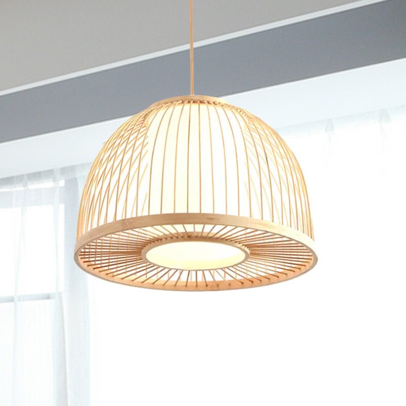 Modernism Domed Pendant Lamp Bamboo 1 Light Indoor Hanging Ceiling Light with Inner Cylinder Shade in Beige, 12