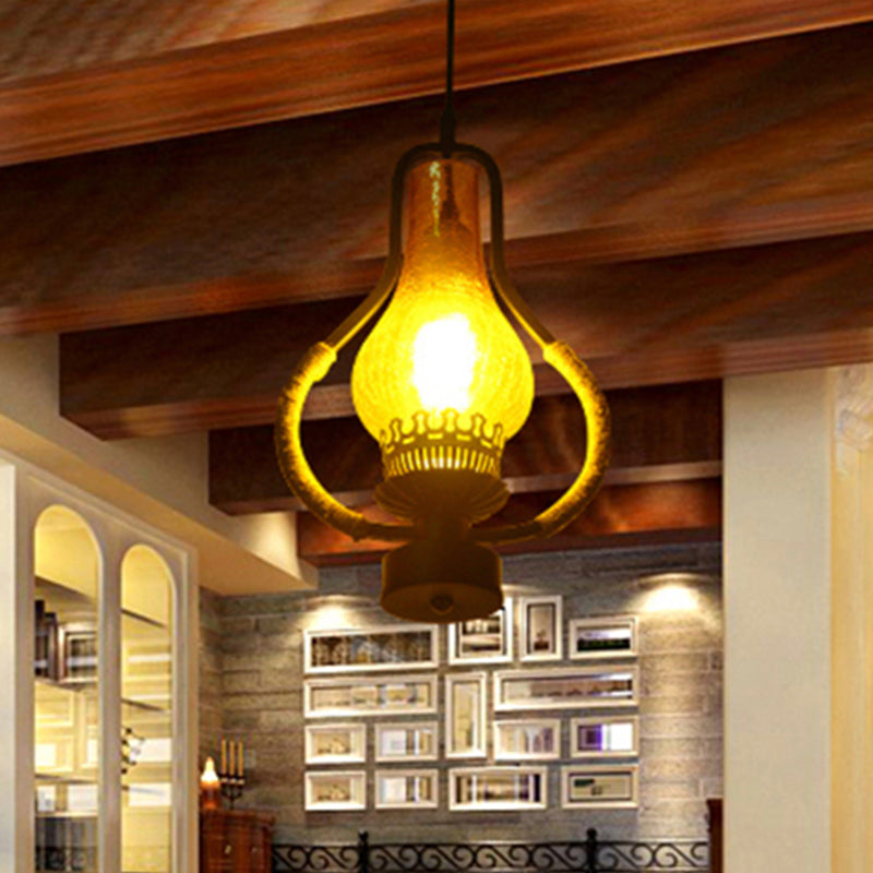 Black 1 Light Hanging Ceiling Light Vintage Yellow Crackle Glass Kerosene Pendant Lighting for Living Room Clearhalo 'Ceiling Lights' 'Glass shade' 'Glass' 'Industrial Pendants' 'Industrial' 'Middle Century Pendants' 'Pendant Lights' 'Pendants' 'Tiffany' Lighting' 438974