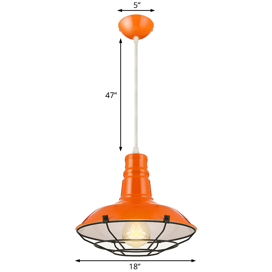 Orange/Blue/Green Bowl Hanging Light with Wire Guard Industrial Metal 1 Light Dining Room Pendant Light Fixture, 10